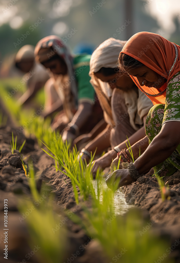 ndian Female Farmers Planting Rice Seedlings in Paddy Field, Highlighting Rural Agriculture and Hard Work ndian Female Farmers Planting Rice Seedlings in Paddy Field, Highlighting Rural Agriculture and Hard Work