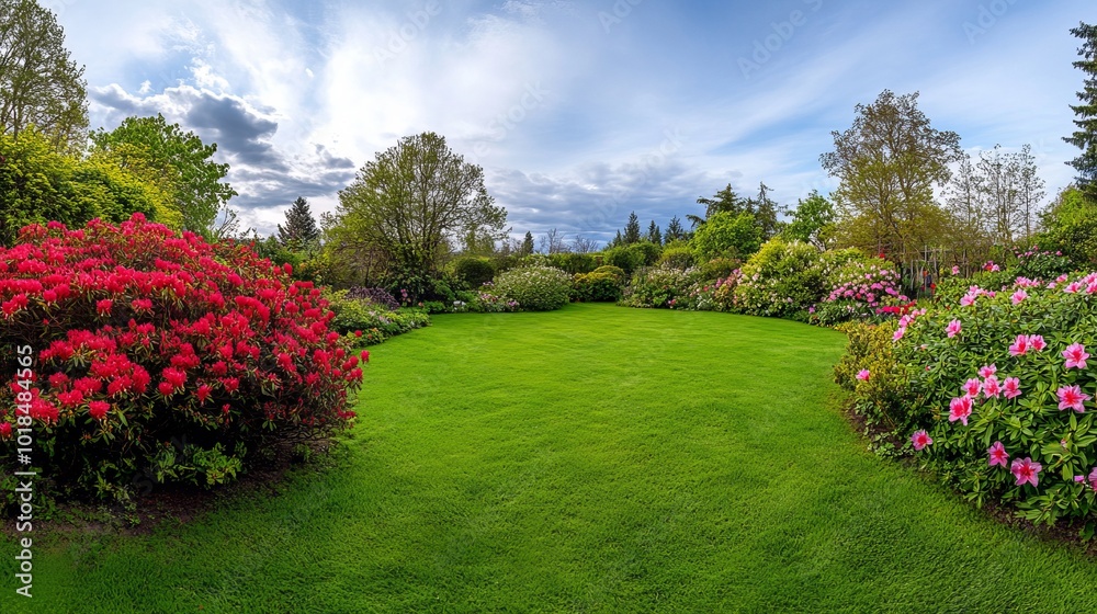 Obraz premium Beautiful spring garden. The garden's blossoming blooms are emphasized by the verdant lawn. A wide variety of vibrant blooms and expansive vistas of breathtaking scenery.