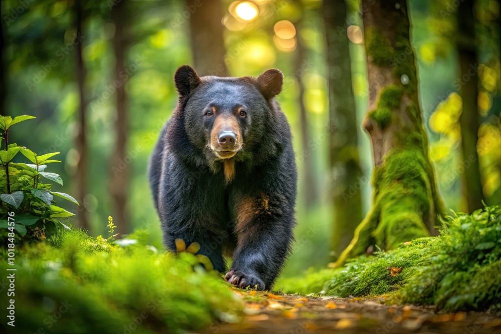 A majestic moonbear roams its vibrant forest habitat, surrounded by towering trees and lush greenery, showcasing the beauty of nature in perfect harmony. A majestic moonbear roams its vibrant forest habitat, surrounded by towering trees and lush greenery, showcasing the beauty of nature in perfect harmony.