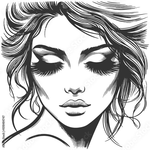 woman with long eyelashes and flowing hair, evoking beauty and calmness sketch engraving generative ai fictional character vector illustration. Scratch board imitation. Black and white image.