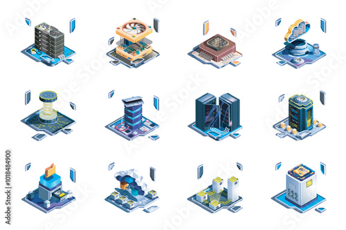 Data server web concept of 3d isometric icons set in isometry design. Hardware racks, cloud service, datum downloading, hosting, encryption protection, processor, software, other. Vector illustration.