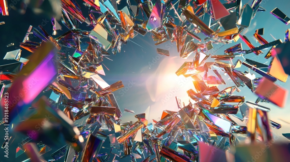 Captivating 3D of Shattering Kaleidoscopic Glass Shards with Vibrant Prismatic Fractal Explosion
