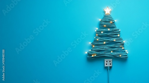 Innovative Christmas tree made from tangled USB cable with glowing lights and star topper, symbolizing modern tech-savvy holiday spirit on vibrant blue background. photo