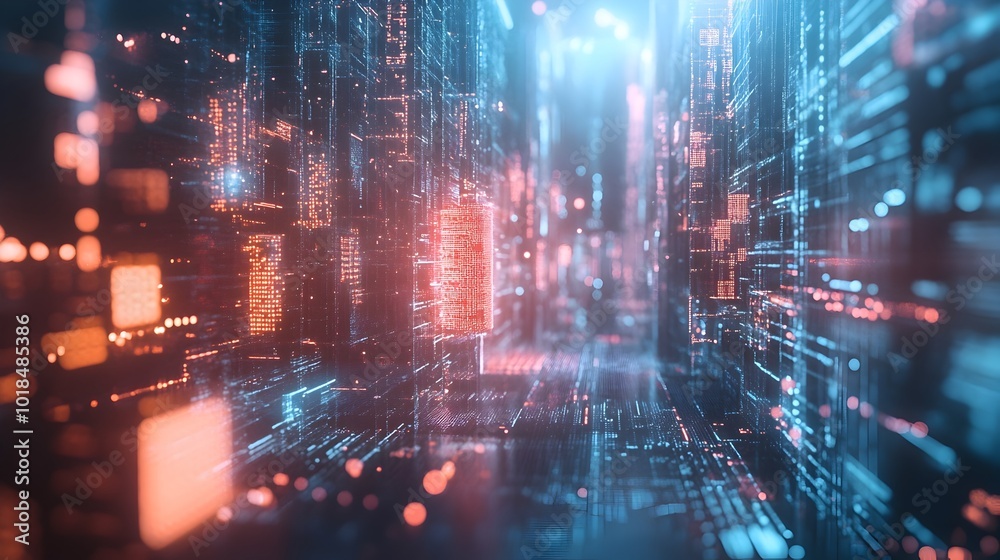 Fototapeta premium Futuristic Cityscape with Neon Lights and Data Visualization