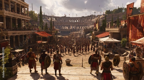 A bustling ancient arena filled with spectators and warriors, showcasing historical architecture and vibrant marketplace activity.