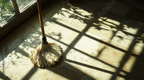 A broom rests on a tiled floor, casting shadows from the sunlight streaming through a window, creating a serene cleaning scene. photo