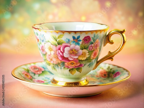 Wallpaper Mural Elegant porcelain teacup with detailed floral artistry, placed on a soft pastel saucer, harmonizing beautifully with the gentle background, embodying sophistication and style. Torontodigital.ca