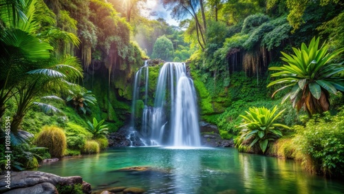 Amidst a vibrant jungle paradise, a tranquil waterfall tumbles over lush greenery, creating a peaceful oasis where the beauty and serenity of nature abound.