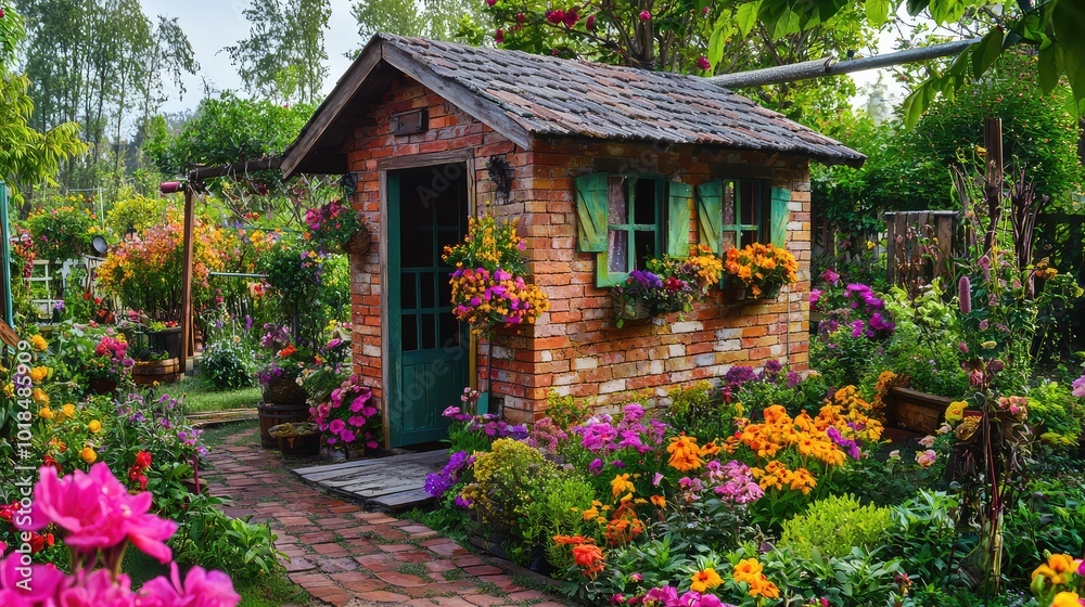 Fototapeta premium A charming garden shed surrounded by vibrant flowers, creating a picturesque scene full of color and serenity.