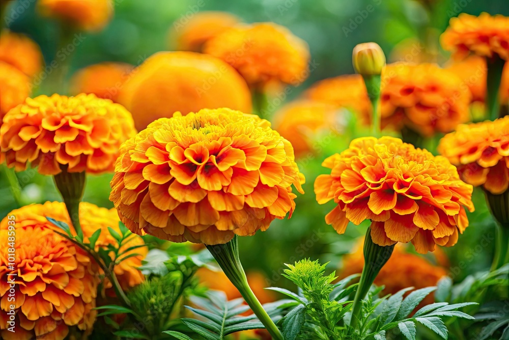 Amidst nature's charm, marigold flowers flourish with vibrant blooms, beautifully framed by vivid green leaves, creating a stunning display of life and color. Amidst nature's charm, marigold flowers flourish with vibrant blooms, beautifully framed by vivid green leaves, creating a stunning display of life and color.