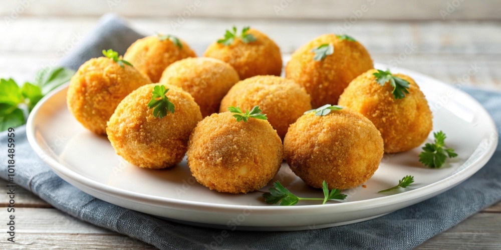 Delicious arancini balls on a white plate, arancini, Italian, rice, fried, appetizer, delicious, gourmet, meal, snack Delicious arancini balls on a white plate, arancini, Italian, rice, fried, appetizer, delicious, gourmet, meal, snack