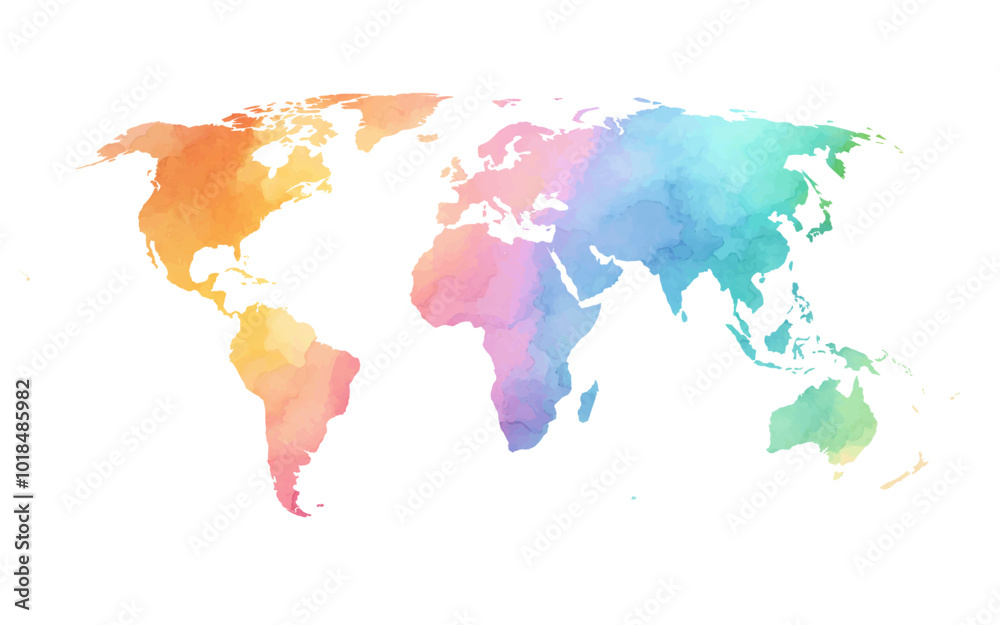 Obraz premium A beautifully crafted world map featuring a watercolor texture that transitions through colorful shades, creating a vibrant and artistic representation of global geography.