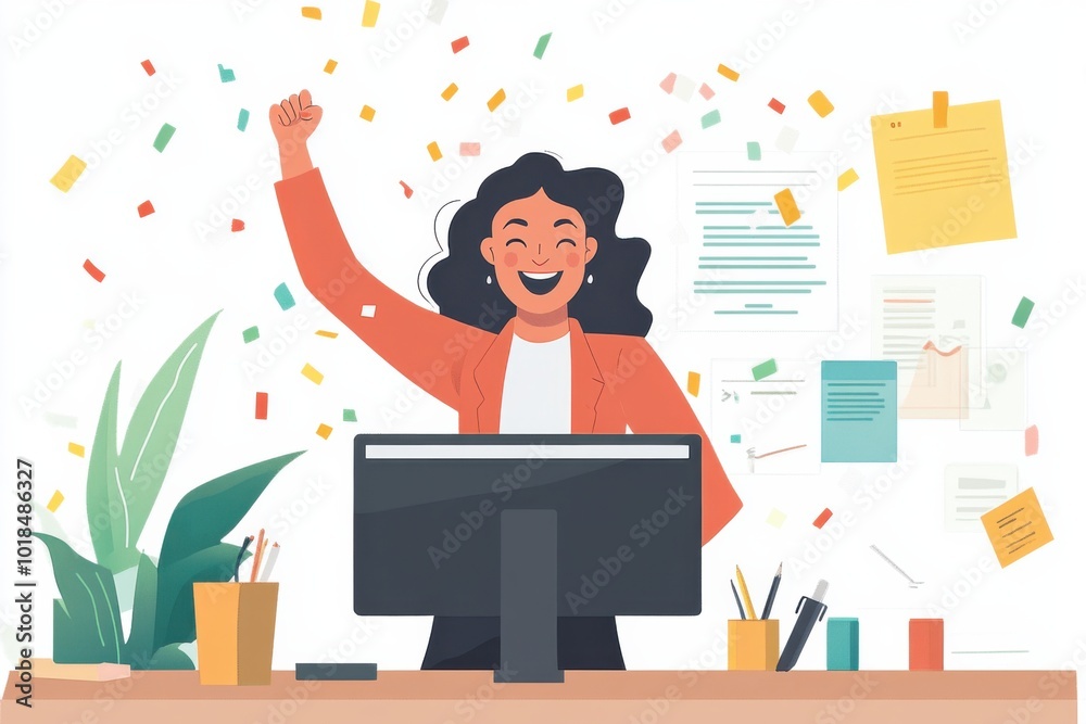 A businesswoman standing at her desk, smiling and raising her fist in victory, with confetti falling and her computer screen displaying a successful project completion A businesswoman standing at her desk, smiling and raising her fist in victory, with confetti falling and her computer screen displaying a successful project completion