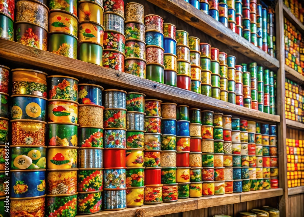 Obraz premium An array of spam cans, each featuring lively and colorful labels, is neatly arranged on a wooden shelf, creating a striking visual display of design variety.