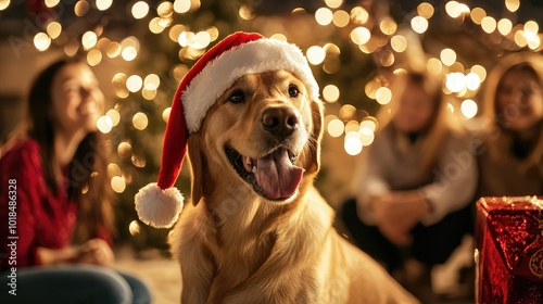 A cheerful dog in a Santa hat surrounded by festive lights and people, capturing the spirit of holiday joy. photo