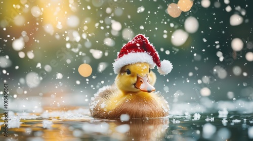 A cheerful duck wearing a Santa hat swims through a snowy landscape, spreading joy and holiday spirit in a wintry scene. photo