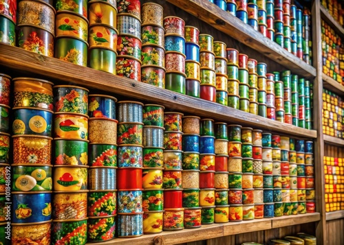 Wallpaper Mural An array of spam cans, each featuring lively and colorful labels, is neatly arranged on a wooden shelf, creating a striking visual display of design variety. Torontodigital.ca