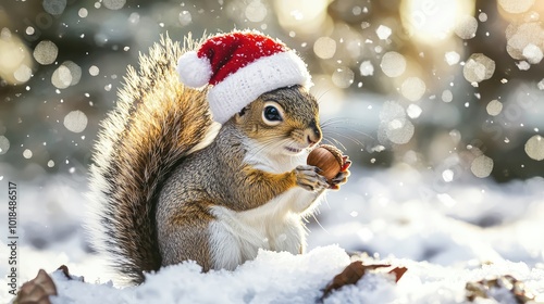 A cheerful squirrel wearing a Santa hat holds a nut amid a snowy landscape, capturing the festive spirit of winter.