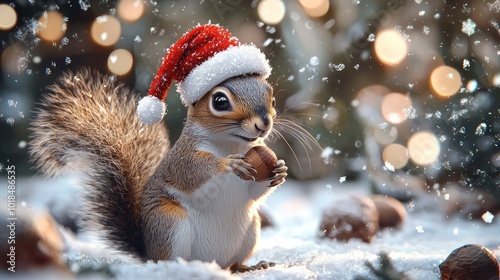 A cheerful squirrel wearing a Santa hat enjoys a nut amidst snowflakes, capturing the festive spirit of winter and Christmas.