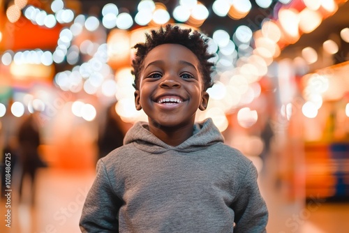 A young black  boy happily shopping at a mall during the Black Friday carnival. The boy was dressed in a sweatshirt and jeans, as if he had just found a lot of good things from the discoun section.  photo