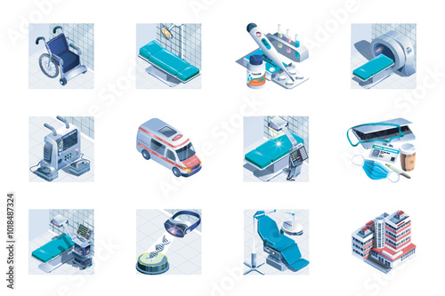 Hospital web concept of 3d isometric icons set in isometry design. Wheelchair, patient ward, pills, thermometer, medicines, mri scan, ambulance car, surgery, clinic rooms, other. Vector illustration.