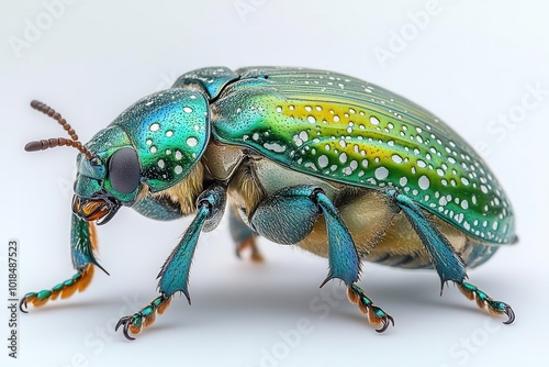 iridescent green june beetle perched delicately macro photography reveals intricate details of exoskeleton and legs against pure white background