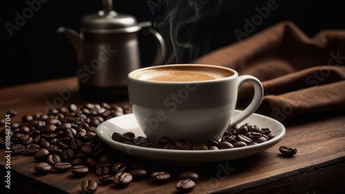 Coffee, Cup, Steam, Coffee Beans, Boiling Water, Plate, Spoon