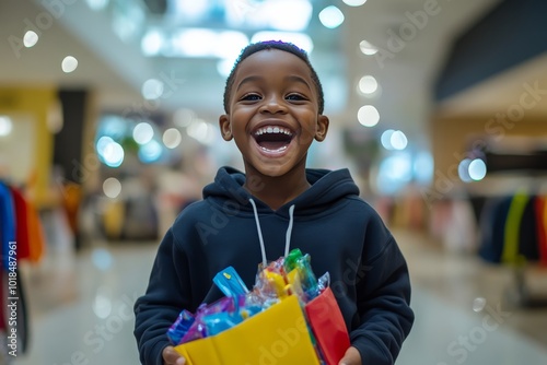 A young black  boy happily shopping at a mall during the Black Friday carnival. The boy was dressed in a sweatshirt and jeans, as if he had just found a lot of good things from the discoun section.  photo