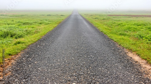 Misty Road Through Green Fields in Foggy Weather