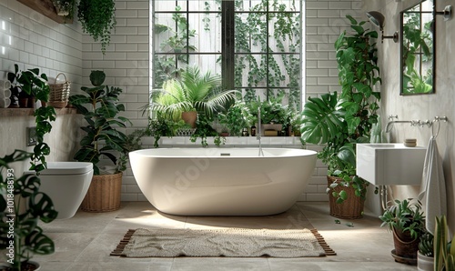 Bright bathroom with subway tile and a variety of dark green plants of deep forest style