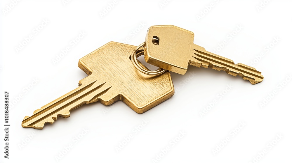 Isolated on a white background, a pair of house keys with a gold metal keyring fashioned like a house. Isolated on a white background, a pair of house keys with a gold metal keyring fashioned like a house.