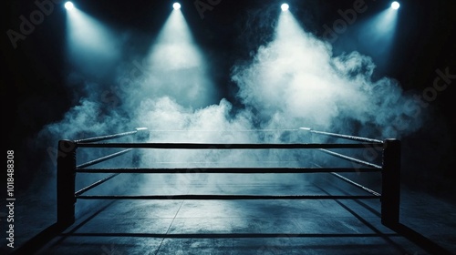 boxing ring stands ready for action engulfed in thick smoke with dim lights casting an intense atmosphere. The mat shows wear highlighting the anticipation of the event.
