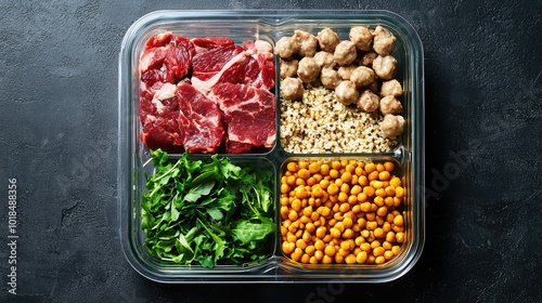 A colorful meal prep container with fresh ingredients, including meat, legumes, grains, and greens, perfect for healthy eating. photo