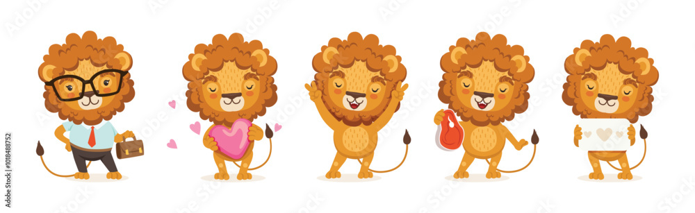 Fototapeta premium Cute Lion Character with Orange Mane and Tail Vector Set