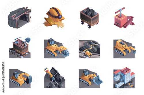 Minery mine web concept of 3d isometric icons set in isometry design. Coal industry equipment, tunnel, helmet, railway cart, shovel, pickaxe, excavator, mining machinery, other. Vector illustration.