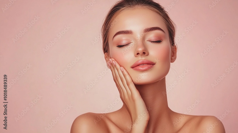 Serene beauty portrait showcasing flawless skin and natural makeup on a pink background. Closed eyes and gentle touch evoke tranquility and self-care in skincare ad. Serene beauty portrait showcasing flawless skin and natural makeup on a pink background. Closed eyes and gentle touch evoke tranquility and self-care in skincare ad.