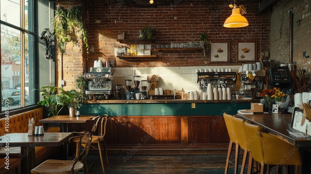 A cozy cafe interior featuring wooden furniture, plants, and a coffee counter, perfect for an inviting atmosphere. A cozy cafe interior featuring wooden furniture, plants, and a coffee counter, perfect for an inviting atmosphere.