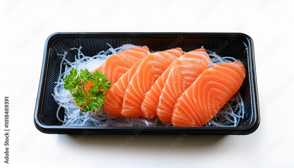 Sliced salmon sashimi on a black plate, white isolate background. Sliced salmon sashimi on a black plate, white isolate background.