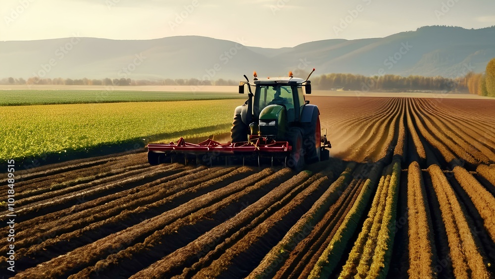 On a crisp autumn day, a farmer skillfully navigates a tractor through a large field, preparing the soil for upcoming crops under a clear blue sky. On a crisp autumn day, a farmer skillfully navigates a tractor through a large field, preparing the soil for upcoming crops under a clear blue sky.
