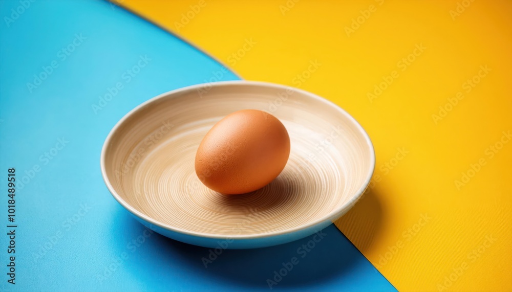 Egg in a bowl, vibrant blue and yellow background Egg in a bowl, vibrant blue and yellow background