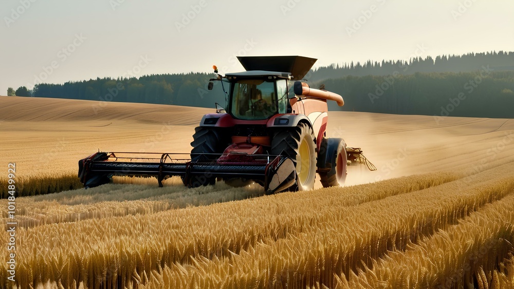 Fototapeta premium A farmer guides machinery through a vast golden field during autumn, gathering the season's harvest under a bright, clear sky.