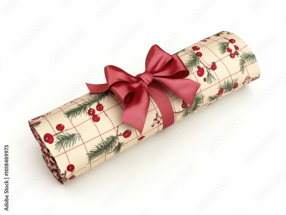 Beautifully wrapped Christmas cracker with a striking red bow isolated on a clean white background Festive holiday party item with a cute elegant design perfect for seasonal and Beautifully wrapped Christmas cracker with a striking red bow isolated on a clean white background Festive holiday party item with a cute elegant design perfect for seasonal and