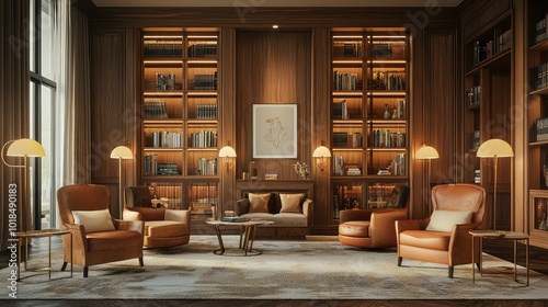 A cozy library with warm lighting, elegant furniture, and bookshelves filled with books, perfect for relaxation and reading.