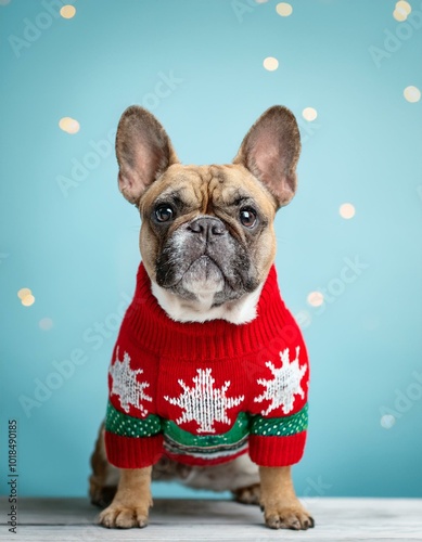 Cute French Bulldog wearing knitted Christmas sweater background. Ugly Christmas Sweater Jumper Day concept. photo