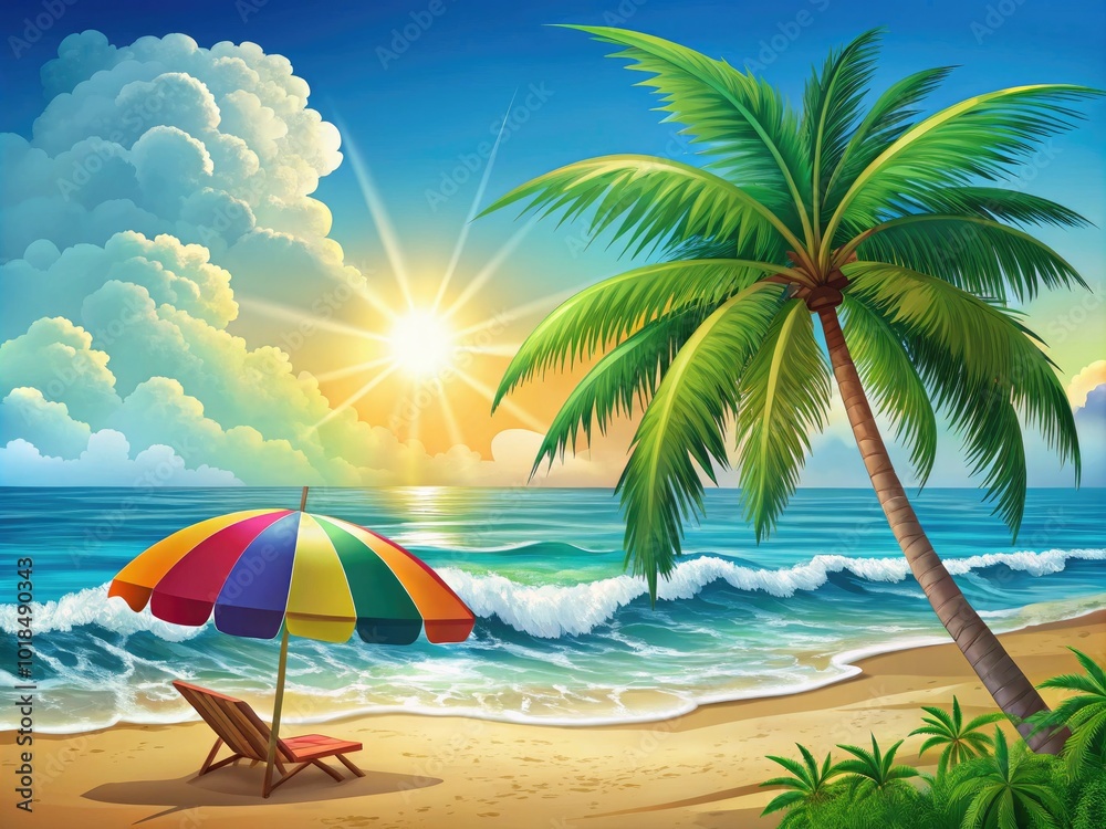 Experience a lively beach scene adorned with palm trees, rhythmic waves, and a vibrant umbrella set under a pristine sky, inviting you to unwind and relax. Experience a lively beach scene adorned with palm trees, rhythmic waves, and a vibrant umbrella set under a pristine sky, inviting you to unwind and relax.