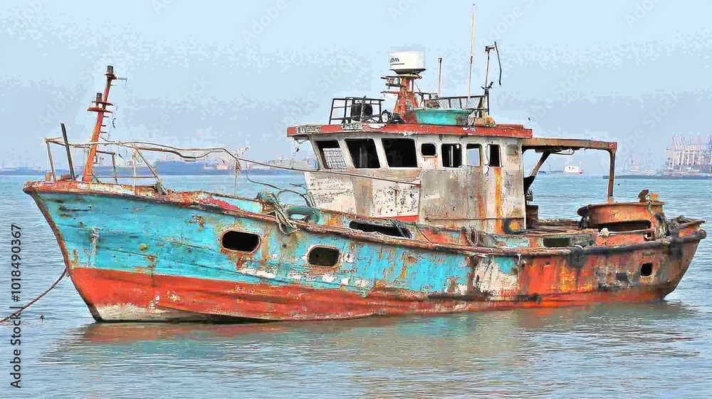 Old Fishing Boat with Rust and Flaking Paint on Water Old Fishing Boat with Rust and Flaking Paint on Water
