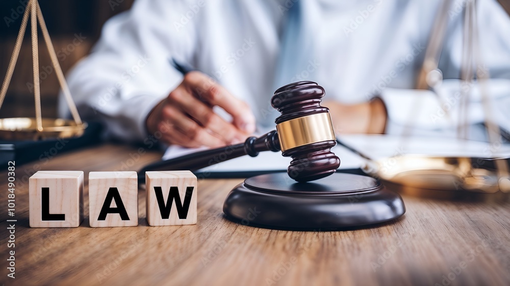Lawyer or Judge Signing Legal Documents with Gavel, LAW Blocks, and Scales of Justice: Symbolizing Professional Legal Work Lawyer or Judge Signing Legal Documents with Gavel, LAW Blocks, and Scales of Justice: Symbolizing Professional Legal Work