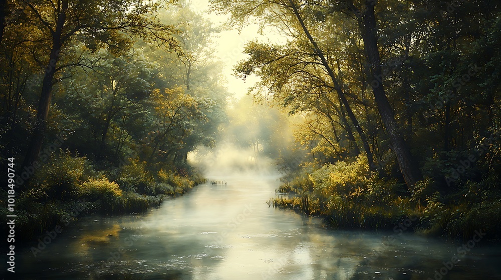 Obraz premium A misty river flows through a lush green forest.