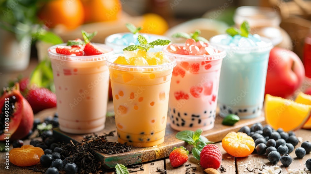 Colorful bubble tea cups with various fruit toppings on a wooden table, surrounded by fresh fruits.