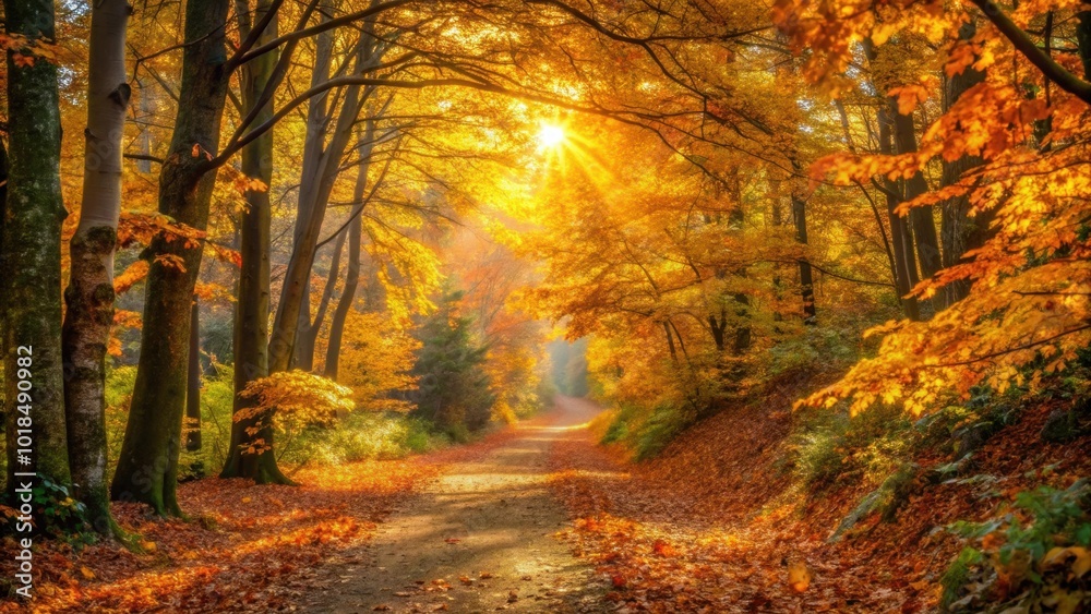 Golden light illuminating colorful leaves on an autumn trail, golden hour, outdoor, nature, hiking, beautiful, scenic, foliage Golden light illuminating colorful leaves on an autumn trail, golden hour, outdoor, nature, hiking, beautiful, scenic, foliage
